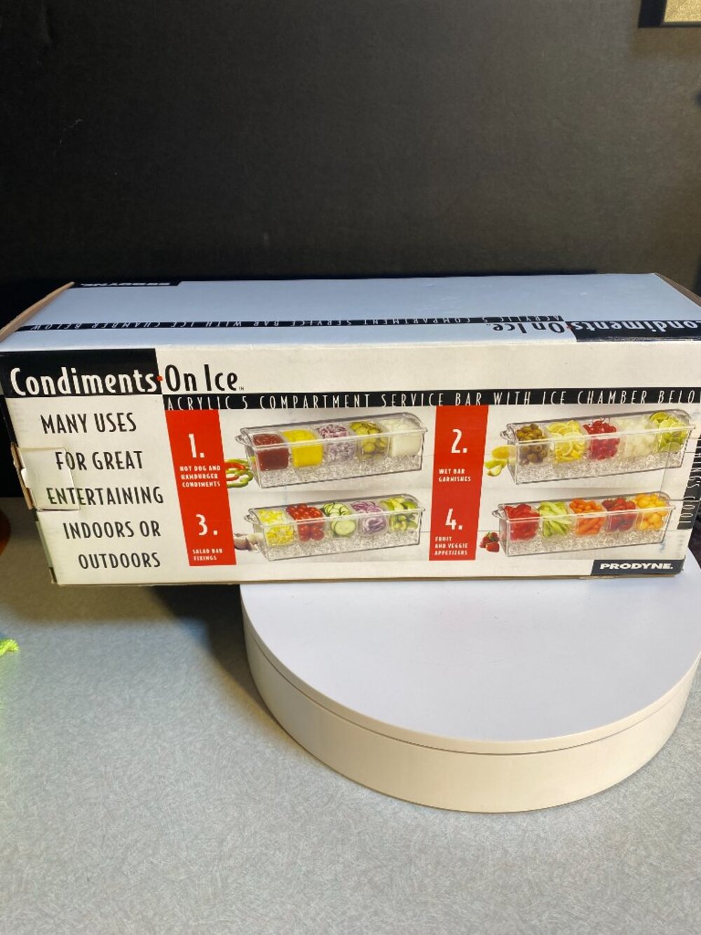 Prodyne Condiments-On-Ice Acrylic 5 Compartment Serving Tray w Lid Never Used